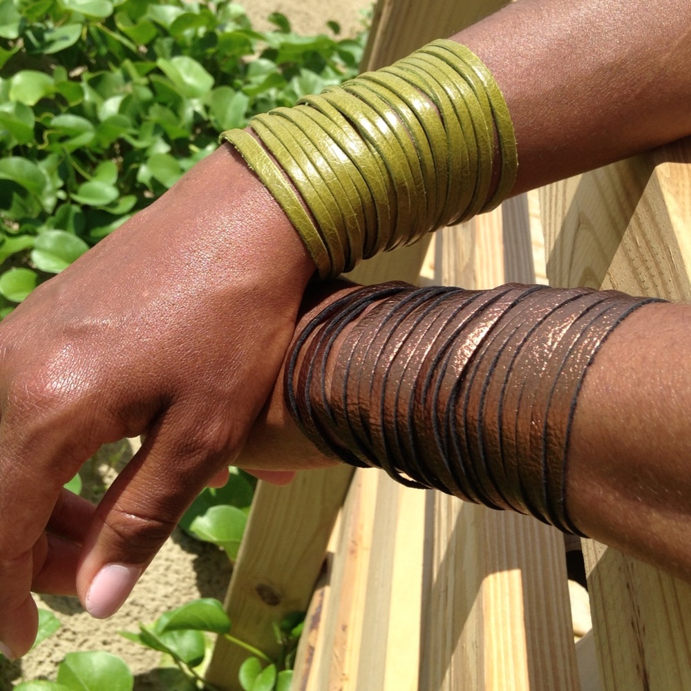 Leather Metallic Copper Colored Fringe Bracelet - Picture 2 of 7